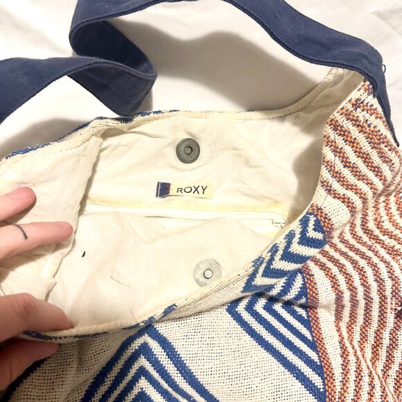 Roxy Boho Shoulder Bag Geometric Woven Hobo Tote Blue Tan Slouchy Canvas-AC133 - Picture 2 of 8